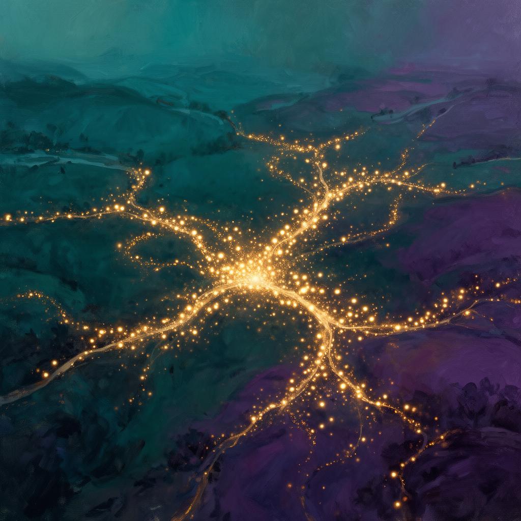 A network of warm golden lights spreading across a teal and violet landscape
