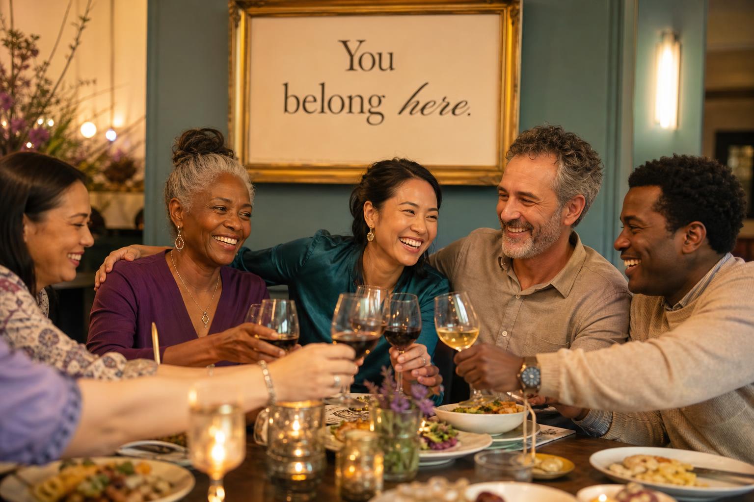 A diverse group of friends laughing around a restaurant table beneath a framed sign that reads 'You belong here.'