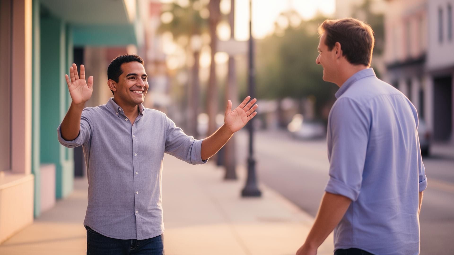 A man on the street smiles and waves hello to another man passing by