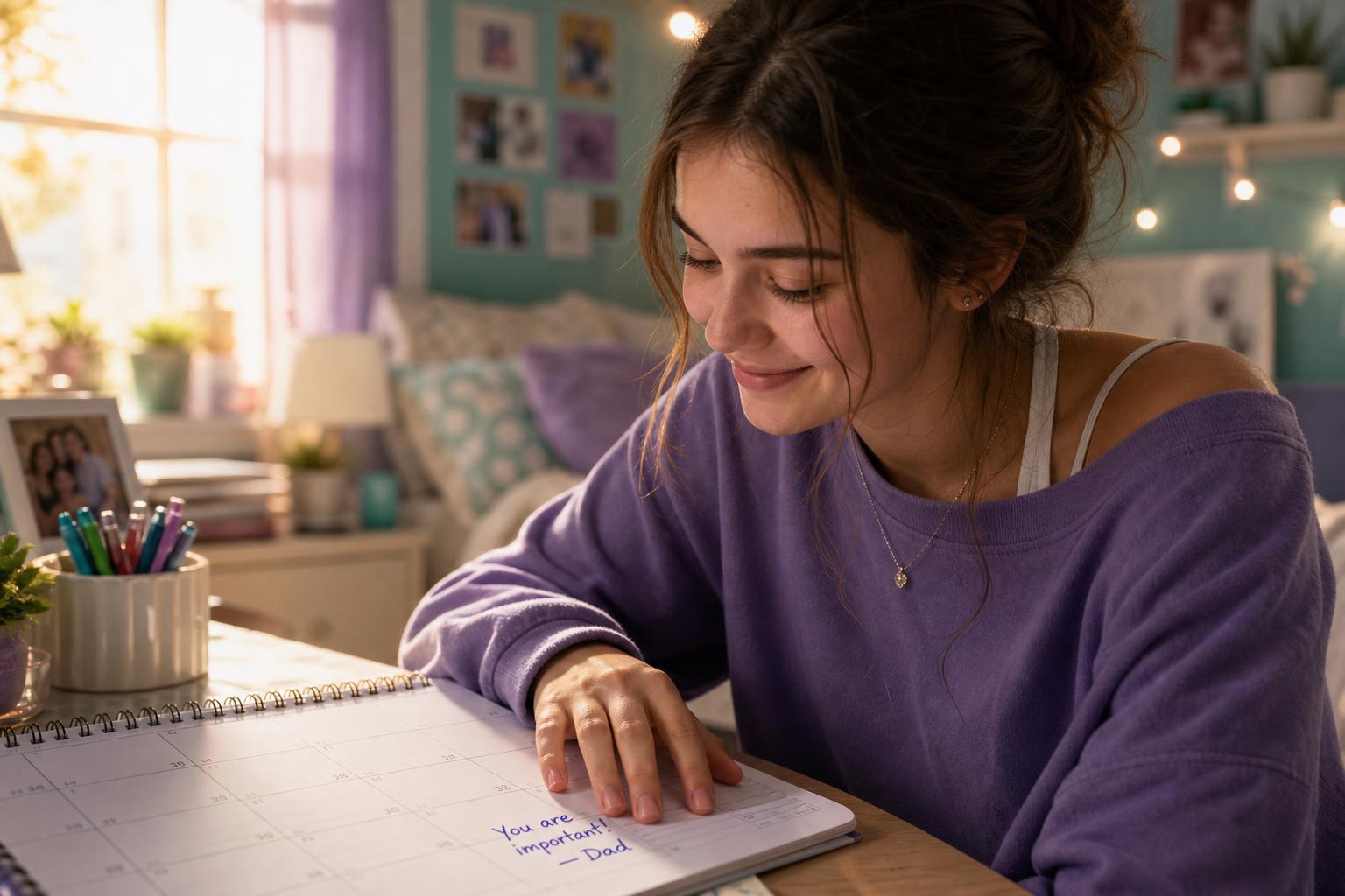 A teen girl smiles as she reads a sticky note on her desk calendar that says 'You are important!'