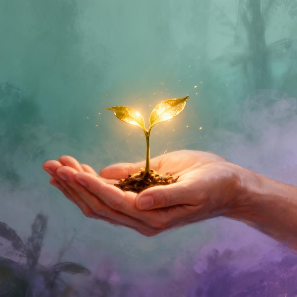 A hand cupping a small glowing seedling